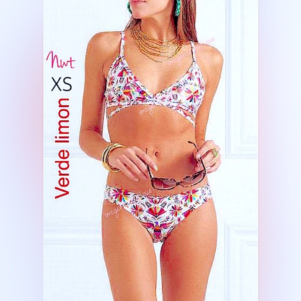 NWT ᐯEᖇᗪE ᒪIᗰOᑎ bikini SET crossover tie white multicolor birds swim tapiz XS